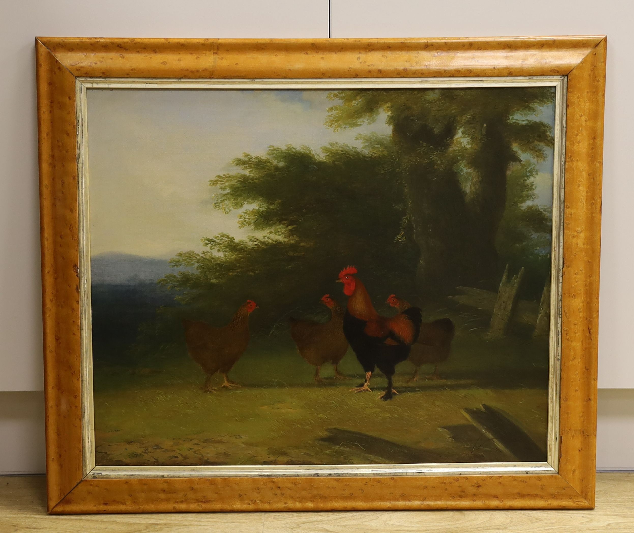 C.B. Newmarch (19th C.), oil on canvas, Chickens in a landscape, signed and dated 1858, 49 x 59cm